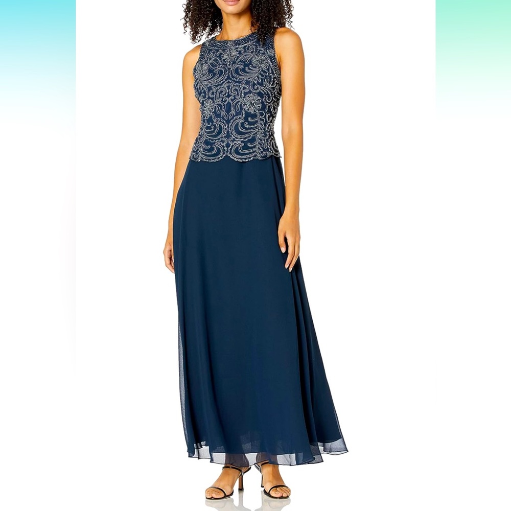 J Kara Gorgeous Sleeveless Scallop Long Beaded Dress with Scarf, Size 12P, Nwt - Picture 4 of 5